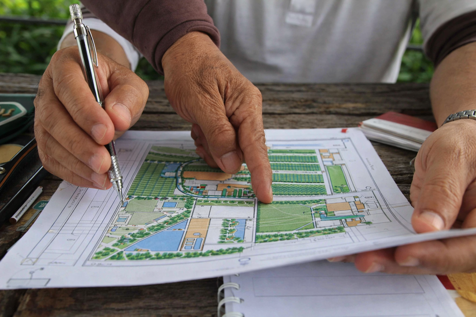 Ingeniero agrícola revisando plano de explotación y documentación técnica