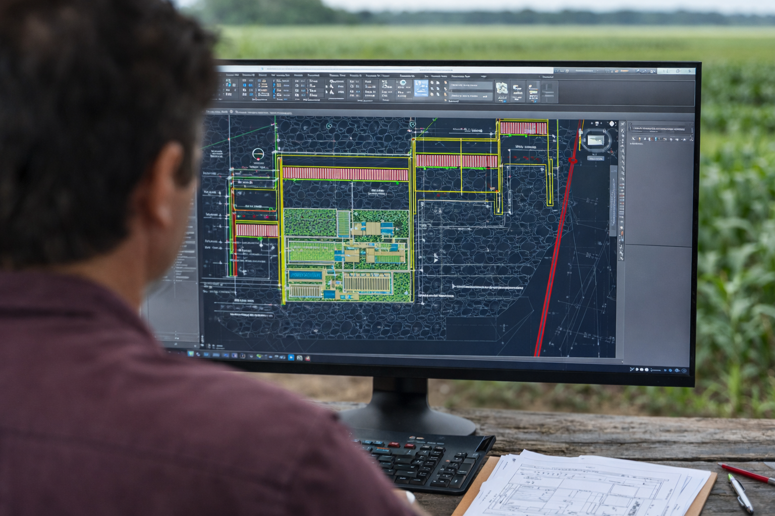 Ingeniero agrícola supervisando planos técnicos